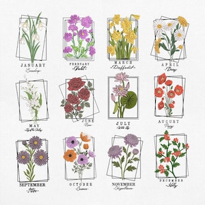 Könnte beinhalten: Eine florale Illustration mit zwölf verschiedenen Blumen, die jeweils einen Monat des Jahres repräsentieren. Jede Blume ist in einer schwarzen geometrischen Form gerahmt, darunter der Monat und der Blumenname. Enthält Schneeglöckchen, Veilchen, Narzissen, Gänseblümchen, Maiglöckchen, Rosen, Seerosen, Mohnblumen, Astern, Kosmeen, Chrysanthemen und Stechpalmen.