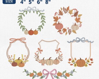 Elegant Fall Monogram Frame Embroidery Bundle, Autumn Pumpkin Wreath with Bow Embroidery, Thanksgiving Crest Machine File, Instant Download