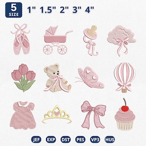 May include: Embroidered baby-themed designs in pink, including ballet shoes, a stroller, a pacifier, a cloud with a bow, tulips, a teddy bear, a butterfly, a hot air balloon, a dress, a crown, a bow, and a cupcake. Sizes range from 1 to 4 inches.