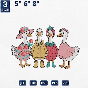 K&ouml;nnte beinhalten: Stickerei mit vier G&auml;nsen, die verschiedene Outfits tragen. Die G&auml;nse tragen ein rosa Kleid mit Blumen, einen gelben Mantel, ein Erdbeerkleid und ein rosa Kleid mit R&uuml;schen. Das Design enth&auml;lt den Text "5" 6" 8" und "3 GR&Ouml;SSE".