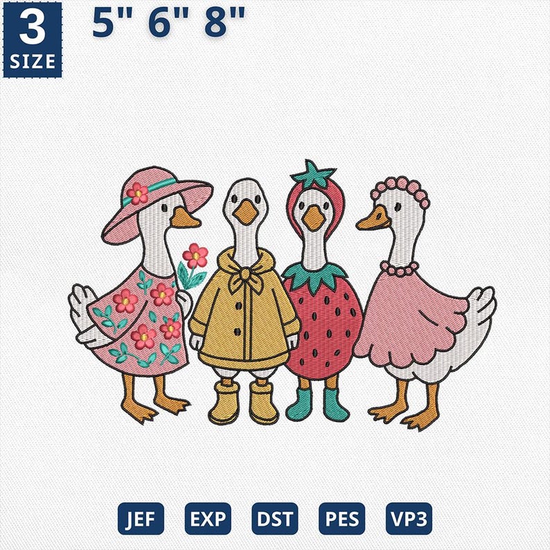 K&ouml;nnte beinhalten: Stickerei mit vier G&auml;nsen, die verschiedene Outfits tragen. Die G&auml;nse tragen ein rosa Kleid mit Blumen, einen gelben Mantel, ein Erdbeerkleid und ein rosa Kleid mit R&uuml;schen. Das Design enth&auml;lt den Text "5" 6" 8" und "3 GR&Ouml;SSE".