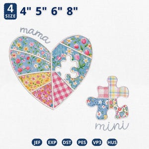 May include: A heart-shaped puzzle with floral and gingham patterns, and a smaller puzzle piece. The word "mama" is above the heart, and "mini" is below the small puzzle piece. Sizes available: 4", 5", 6", and 8".