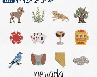 Mini Nevada Icons Embroidery Bundle, Vegas Casino Desert Bighorn Sheep Sagebrush Embroidery, Las Vegas Machine File, Instant Download