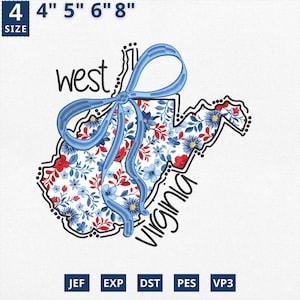Carte de l'État appliqué le 4 juillet, broderie d'État coquette florale Virginie-Occidentale applique design, toile florale bleue Virginie-Occidentale contour