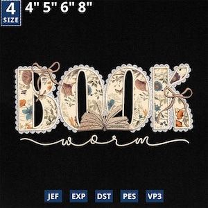 May include: A black background with the word "BOOK" in a floral design, with the word "worm" underneath. The letters are outlined with white lace and adorned with bows. The image also includes size options: 4", 5", 6", and 8".