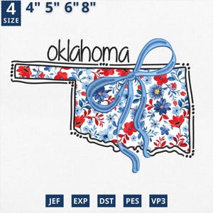 Carte de l'État appliqué le 4 juillet, broderie d'État coquette florale de l'Oklahoma, broderie de contour de l'Oklahoma en toile florale bleue