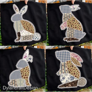 May include: Four black tote bags each feature a patchwork bunny design. The bunnies are made of various patterned fabrics in blue, brown, and floral prints, outlined with white lace. The text "DylancraftDesign" is at the bottom.