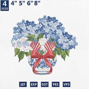May include: An embroidered design featuring a blue and white hydrangea bouquet in a blue and white vase, adorned with two small American flags and a red bow. The design is available in sizes 4", 5", 6", and 8".