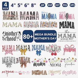 Puede incluir: Colección de diseños para el Día de la Madre, incluyendo la palabra "MAMA" en varios estilos, junto con "motherhood", "mom" y "grandma". Los diseños presentan elementos florales, estampados de animales y lazos. Tamaños de 10.16 cm a 20.32 cm.