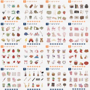 May include: A digital collection of machine embroidery designs featuring various icons including sewing tools, nature elements, food, musical instruments, and household objects. Each set includes five size options ranging from 1 inch to 4 inches in height.