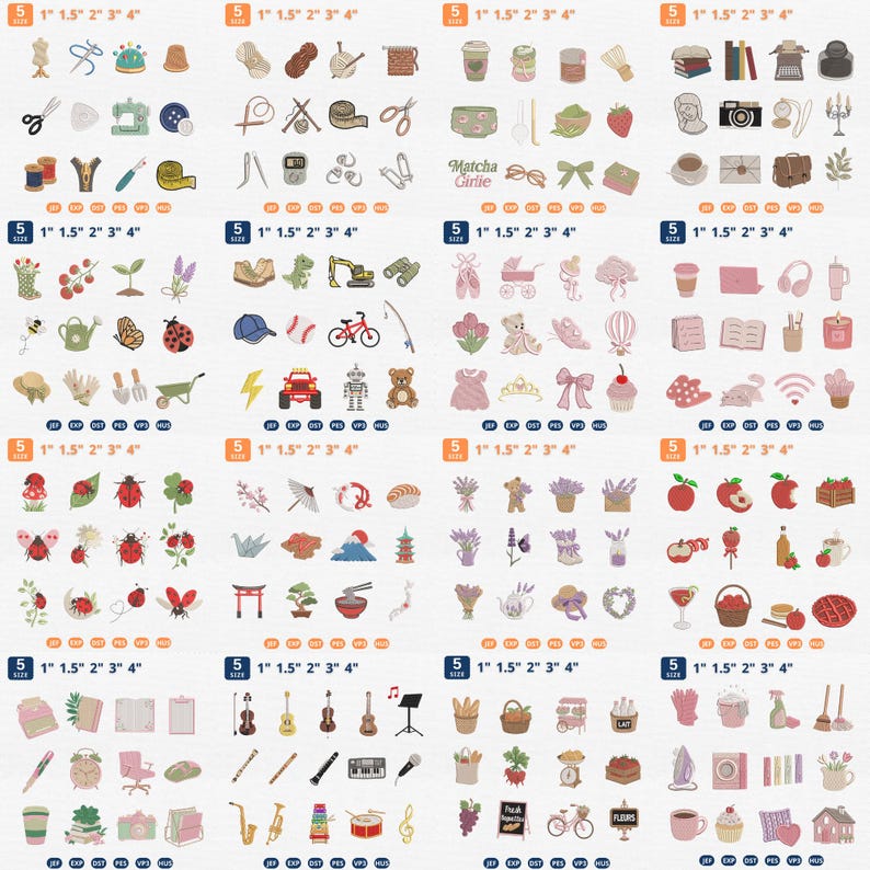 May include: A digital collection of machine embroidery designs featuring various icons including sewing tools, nature elements, food, musical instruments, and household objects. Each set includes five size options ranging from 1 inch to 4 inches in height.