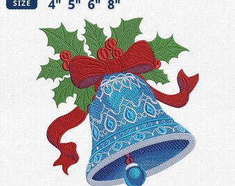 Christmas Bell Embroidery Design, Blue Bell Coquette Bow Embroidery File, Holly Leaf and Berry Machine File, Instant Download