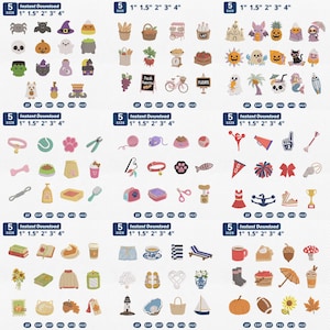May include: A collection of digital embroidery designs featuring various icons including Halloween motifs, pets, sports, and seasonal items. Each set includes 5 sizes ranging from 2.54 cm to 10.16 cm and supports file formats JEF, EXP, DST, PES, VP3, and HUS.