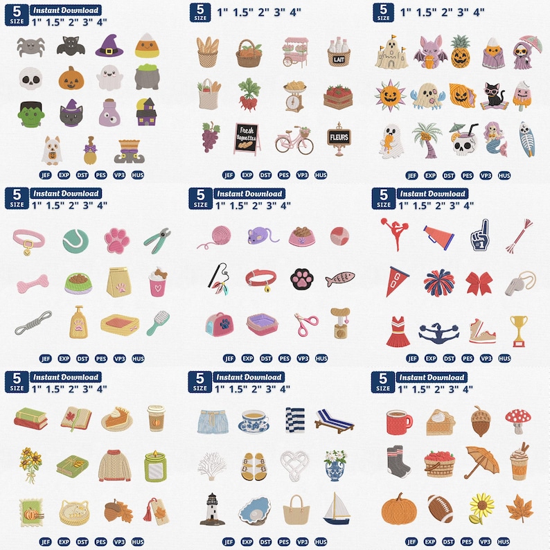 May include: A collection of digital embroidery designs featuring various icons including Halloween motifs, pets, sports, and seasonal items. Each set includes 5 sizes ranging from 2.54 cm to 10.16 cm and supports file formats JEF, EXP, DST, PES, VP3, and HUS.