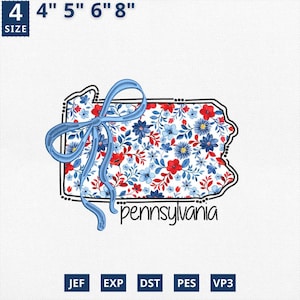 Carte de l'État appliqué le 4 juillet, broderie d'État coquette florale Pennsylvanie applique design, toile florale bleue Pennsylvanie conception contour