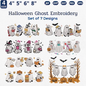 May include: A collection of seven Halloween ghost embroidery designs. The ghosts are shown in different costumes and scenarios, such as reading, wearing hats, and carrying pumpkins. The image includes the text "Halloween Ghost Embroidery Set of 7 Designs."