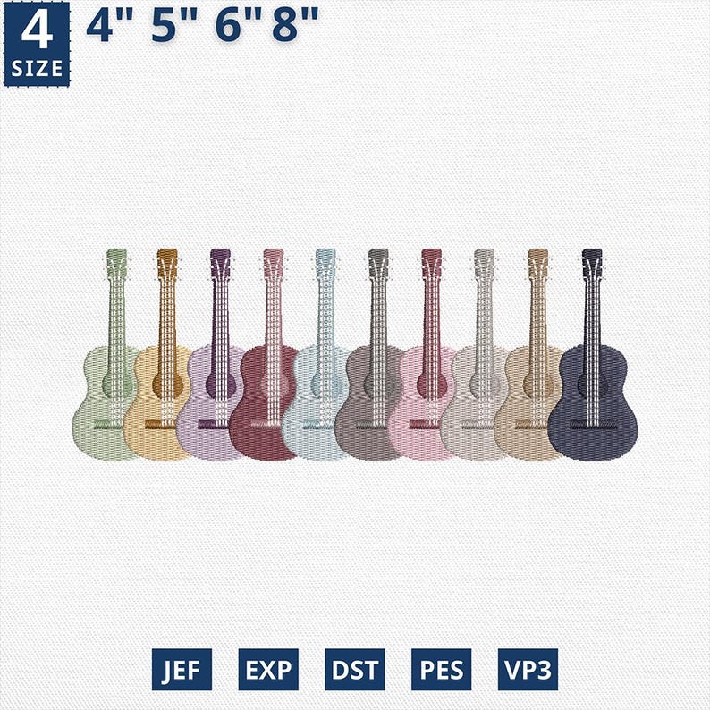 Colorful Guitar Embroidery Design, Rainbow String Instrument Silhouette Row Machine File for Embroidery, Instant Download, 4 Sizes, PES DST image 1