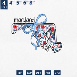 Aplique del mapa del estado del 4 de julio, diseño de aplique floral de Maryland con bordado estatal, diseño de contorno de Maryland con estampado floral azul de toile