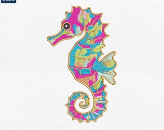 カラフルなタツノオトシゴの刺繍デザイン、芸術的な海の生き物の機械