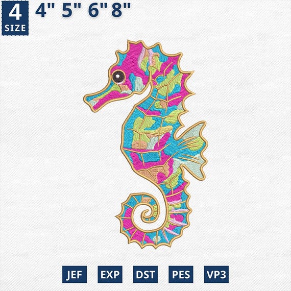 カラフルなタツノオトシゴの刺繍デザイン、芸術的な海の生き物の機械