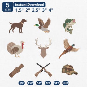 May include: A digital embroidery design set featuring nine outdoor-themed icons: a brown dog, a flying mallard duck, a green fish, a turkey, a deer head with antlers, a pheasant, a wooden duck call, crossed rifles, and a camouflage baseball cap.