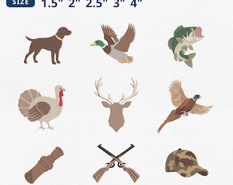 Mini Hunting Icons Embroidery Bundle, Hunter Mallard Duck, Dog, Deer, Bass, Pheasant Embroidery, Outdoor Machine File, Instant Download