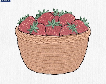 Diseño de bordado de cesta de fresas, archivo de bordado a máquina de fruta de verano, diseño de bordado para decoración de cocina, descarga instantánea
