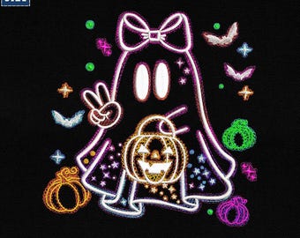 Embroidery Cute Neon Boo Ghost Design, Halloween Boo Coquette Bow Machine File, Boo Ghost Design, Cute Boo Halloween, Instant Download, Pes