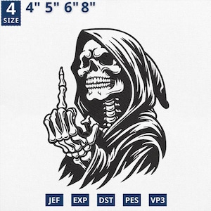 Peut inclure: Motif brodé en noir et blanc d'une figure de la faucheuse faisant un doigt d'honneur. Disponible en tailles 10 cm, 13 cm, 15 cm et 20 cm. L'image comprend les formats de fichiers : JEF, EXP, DST, PES et VP3.