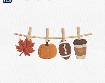 Autumn Clothesline Garland Embroidery Design, Fall Pumpkin Football Coffee Machine File, Cozy Game Day Harvest Aesthetic, Instant Download