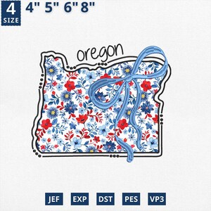 Carte de l'état appliqué le 4 juillet, broderie d'état coquette florale Oregon applique design, toile florale bleue Oregon contour design