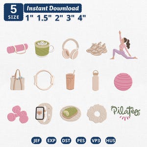 May include: A digital embroidery design set featuring 14 icons including a yoga mat, coffee, headphones, sneakers, a person in a yoga pose, tote bag, pilates ring, smoothie, water bottle, exercise ball, dumbbells, smartwatch, avocado toast, and scrunchie.
