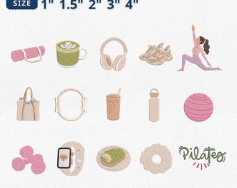 Mini Pilates Icons Embroidery Bundle, Wellness Girl Yoga Fitness Embroidery, Healthy Lifestyle Matcha Gym Machine File, Instant Download