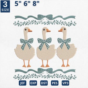 May include: Three white geese with blue bows, embroidered on a white background. The geese are arranged in a row, with their heads facing forward. The background features a green leafy garland with a blue bow at the top. The text "5" 6" 8" is above the garland, and the text "JEF EXP DST PES VP3" is below the garland.