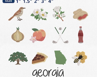 Mini Georgia Icons Embroidery Bundle, Georgia Peach Pecan Pie Vidalia Onion Cotton Embroidery, State Map Mini Machine File, Instant Download