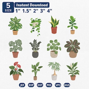 以下が含まれることがあります： 12種類の鉢植え観葉植物のイラストが描かれたデジタル刺繍デザインセット。テキストには「5 SIZE 1" 1.5" 2" 3" 4" Instant Download」と記載されています。ファイル形式はJEF、EXP、DST、PES、VP3、HUSです。各植物は鉢に入っています。