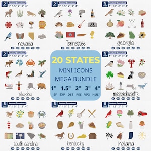 以下が含まれることがあります： 「20 STATES MINI ICONS MEGA BUNDLE」と題されたデジタル刺繍デザインコレクション。各州をテーマにしたアイコン、動物、植物が描かれています。テキストには1、1.5、2、3、4インチのサイズと、JEF、EXP、DST、PES、VP3、HUSのファイル形式が記載されています。