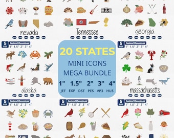 20 States Mini Icons Embroidery Design, USA Travel State Map Embroidery, Mega Bundle Machine File, Alaska, Louisiana, Utah, Instant Download