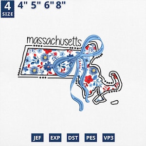Applique du 4 juillet de la carte de l'État, broderie d'État coquette florale Massachusetts, toile florale bleue Massachusetts contour design