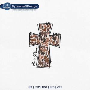 May include: A brown and tan cross with a leopard print design. The cross is outlined in black and has the text "He is Risen" written vertically on the left side.