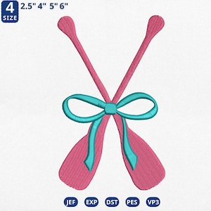 May include: An embroidered design featuring two crossed pink oars tied with a teal bow. The design includes the text "SIZE" and the numbers "4", "2.5", "4", "5", and "6". The design also includes the abbreviations "JEF", "EXP", "DST", "PES", and "VP3".