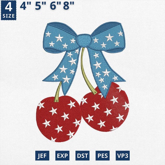 America Cherries Embroidery Design, 4th of July American Flag Design, Coquette Cherry Bow Embroidery, Usa Cherry Flag Machine File, PES File