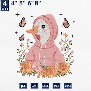 Cool Goose In Hoodie Embroidery Design, Floral Butterfly Goose Machine Embroidery File, Cute Animal Embroidery Design, Instant Download