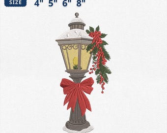 Christmas Lamp Post Embroidery Design, Street Lantern Snowy Cap Red Bow Pine Berry Embroidery, Holiday Decor Machine File, Instant Download