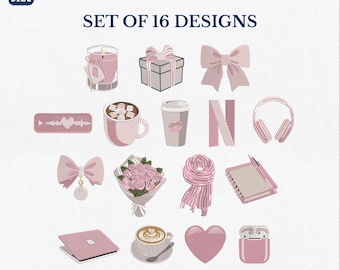 Pink Coquette Journal Icon Embroidery Set, Pink Aesthetic Embroidery Design Set, Cute Pastel Icon Collection with Bow, Coffee, Gift and Rose
