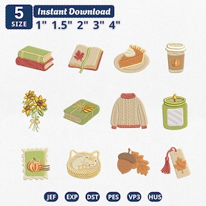 Puede incluir: Un conjunto de diseños de bordado digital con 12 iconos de temática otoñal que incluyen libros, tarta de calabaza, café, girasoles, suéter, vela, sello de calabaza, gato durmiendo, bellota y etiqueta de hoja. Texto: 5 SIZE 1" 1.5" 2" 3" 4".