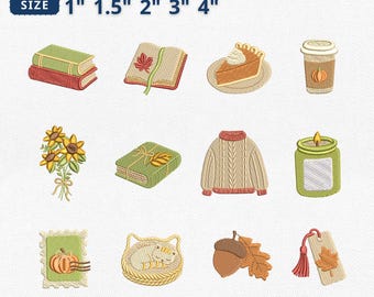 Mini Cozy Bookish Fall Icons Embroidery Bundle, Autumn Reading Stack Embroidery, Pumpkin Latte Machine File, Book Lover, Instant Download