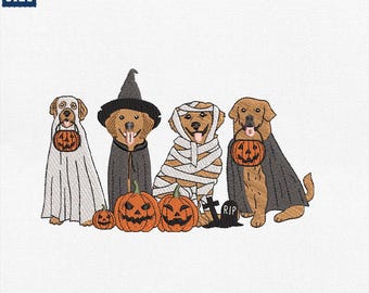 May include: An embroidered Halloween design featuring four dogs dressed in costumes. The dogs are dressed as a ghost, witch, mummy, and a dog with a cape. Each dog is holding a carved pumpkin. The design is available in 4", 5", 6", and 8" sizes.