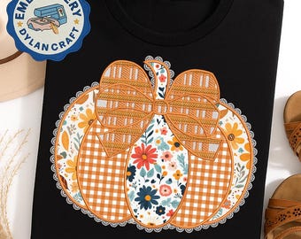 Floral Fall Pumpkin Applique Embroidery, Pumpkin Lace Embroidery Pattern, Autumn Coquette Bow Design, Pumpkin Spice, Instant Download