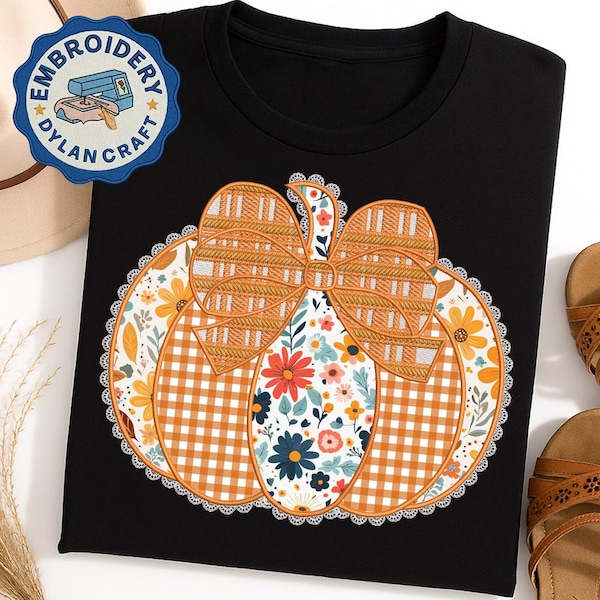 Floral Fall Pumpkin Applique Embroidery, Pumpkin Lace Embroidery Pattern, Autumn Coquette Bow Design, Pumpkin Spice, Instant Download